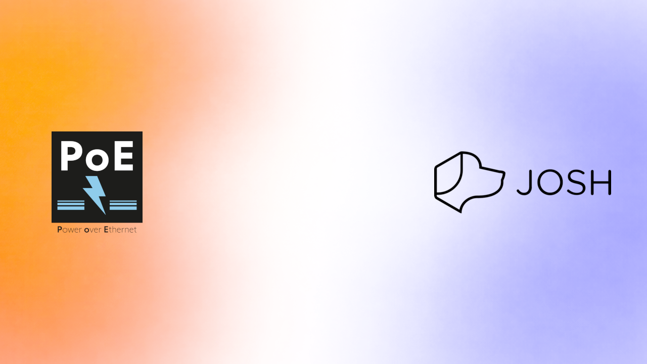 Power of Ethernet (PoE) logo and the Josh.ai logo on a yellow and blue gradient background.