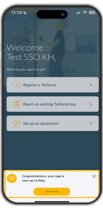 TaHoma Pro home screen with update message and link to the updates webpage to learn more.