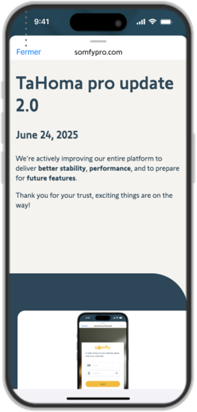 TaHoma Pro App Updates webpage with information on Update 2.0 released June 24, 2025.