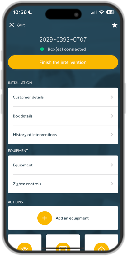 Installation menu with Customer Details, History of Intervention, Zigbee Controls, and Add an equipment options among others.