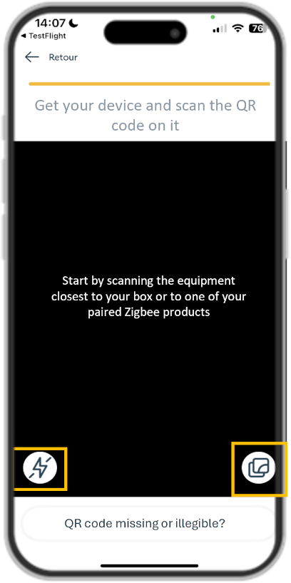 Screen where users can either take a picture of their device's QR code or upload an image from their phone.
