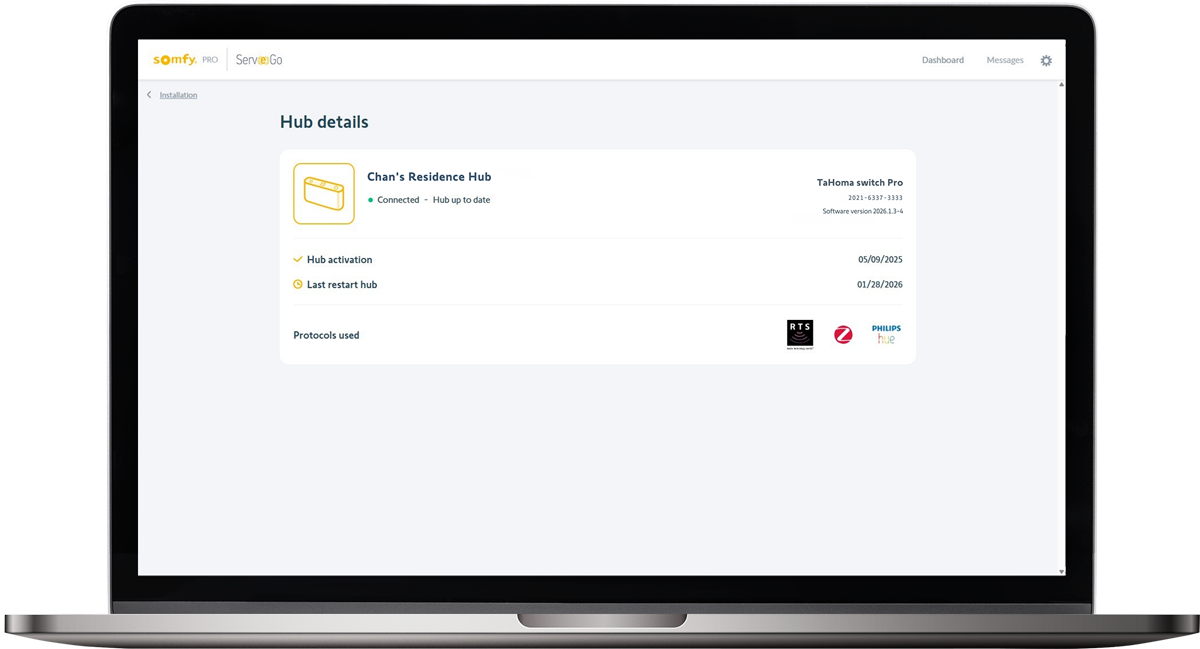 Hub details for Chan's residence including the activation and last restart date for his TaHoma switch.