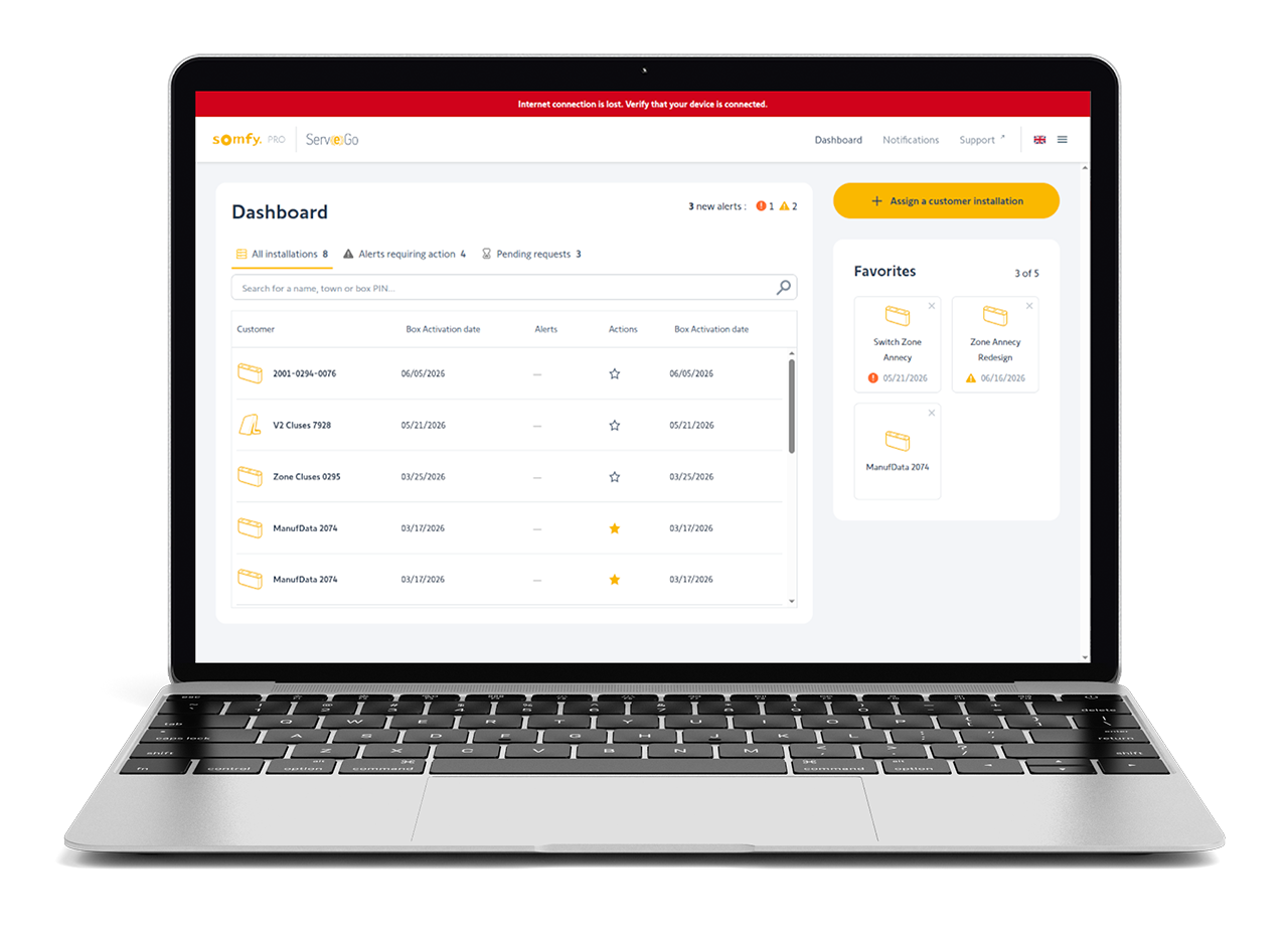Serv-e-go dashboard with a list of customer installations and a red banner at the top of the page with the message 