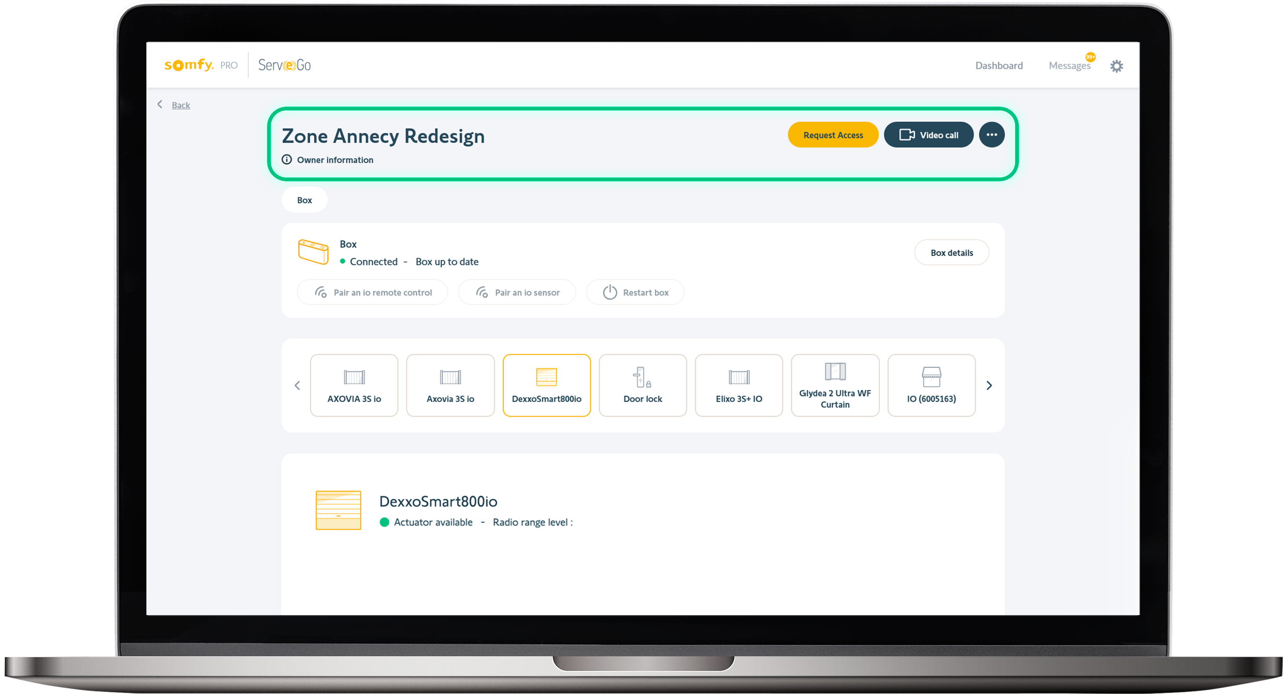 Serv-e-Go installation page for a user named Zone Annecy Redesign, including TaHoma box information, as well as a list of equipment.