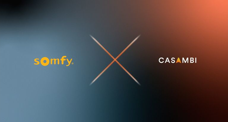 Somfy and Casambi logos on a blue and red background respectively.